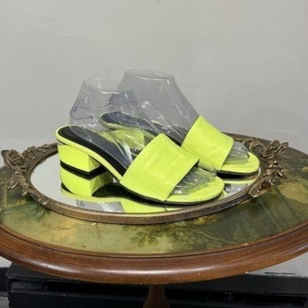 Alexander Wang Neon Yellow Leather Open Toe Block Heel Slide Mules Size 38 /US 8